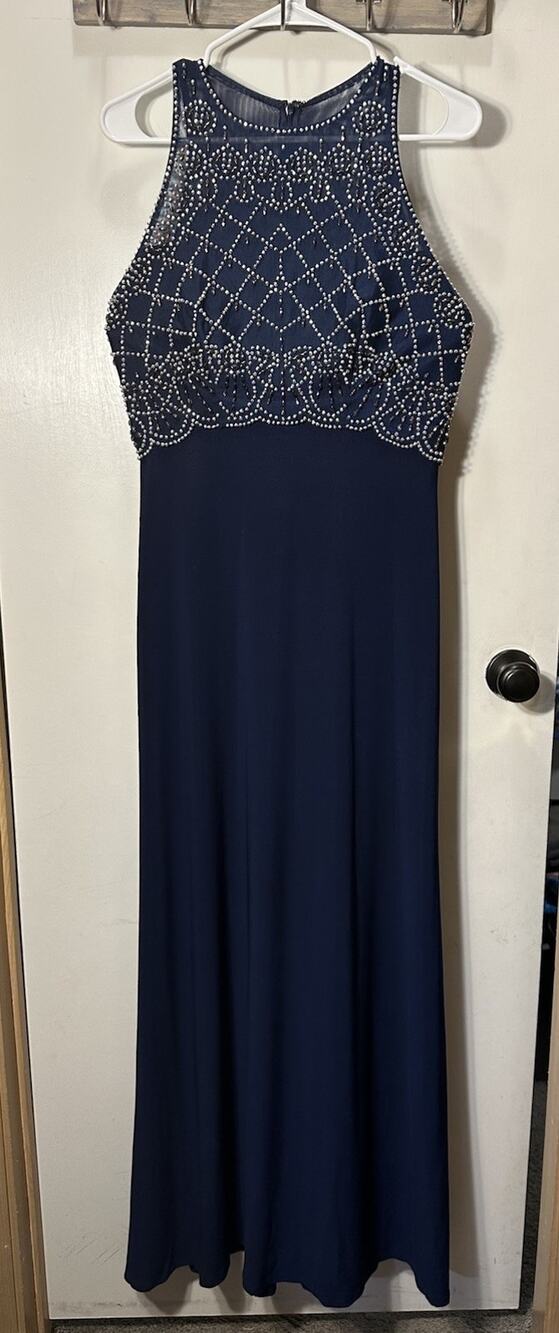 Cachet Bridesmaid Dress, Silver Beaded Illusion, Blue, Navy, Size 8 56872D